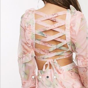 NWT Asos Floral Crisscross Cutout Ruffles Dress
